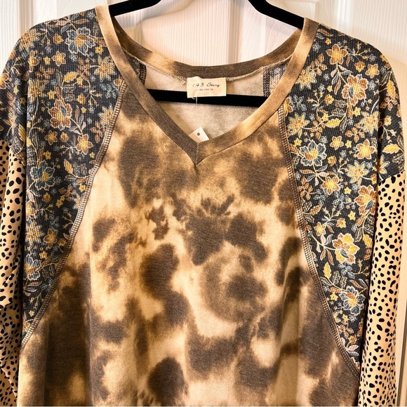 NWT Love Shift Top Tye Dye Leopard Print Sleeves Henley Floral Shoulder. Sz.L - Picture 3 of 5